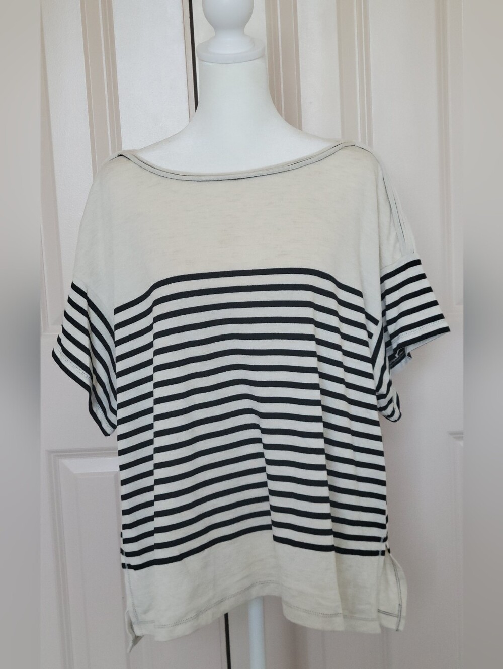 Cream and Black Striped Boatneck Women's Top